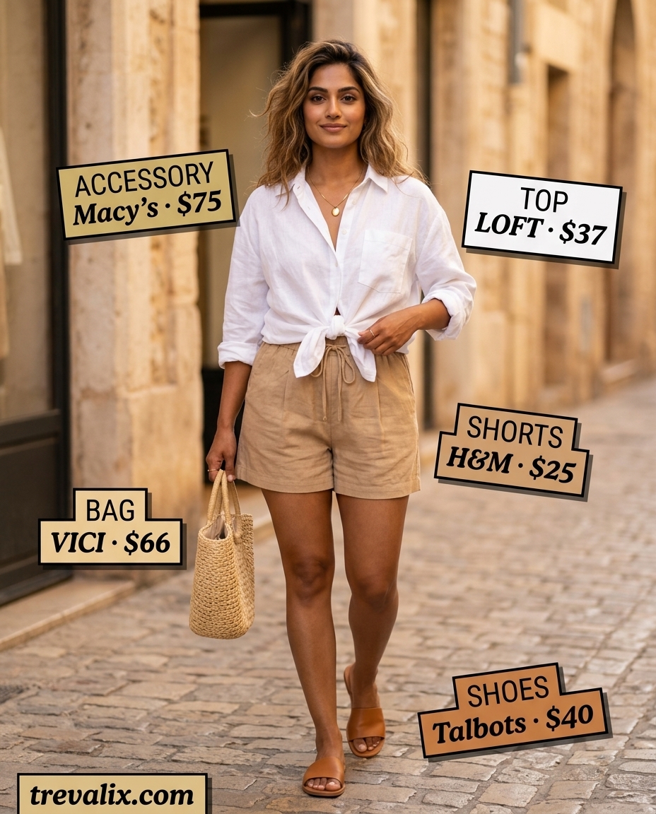 Summer outfits for women with Hourglass Shape 2026: White linen shirt, beige linen shorts, tan slides, and straw tote.
