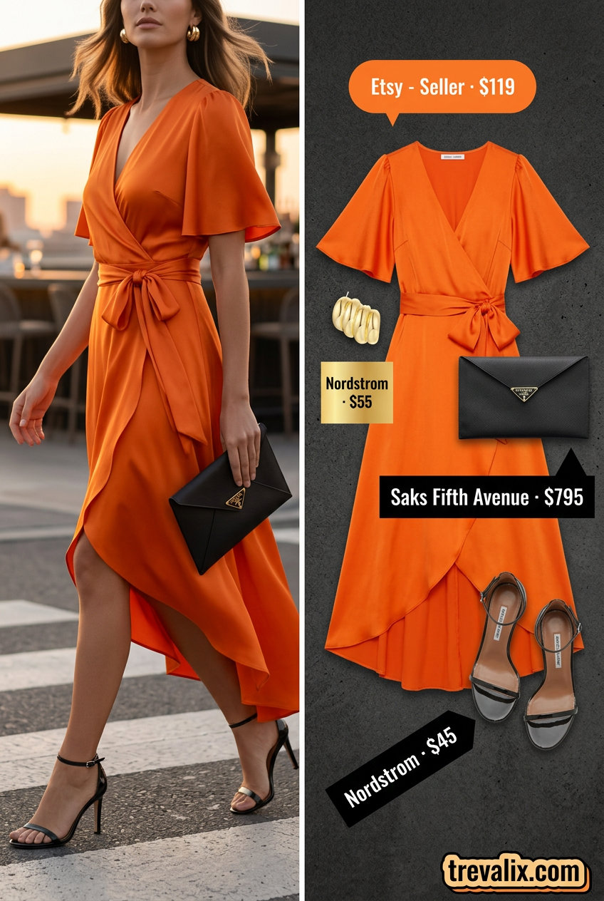 Mango orange wrap dress outfit for hourglass shapes: midi dress, black heels, gold earrings. Summer outfits for women with Hourglass Shape 2026.