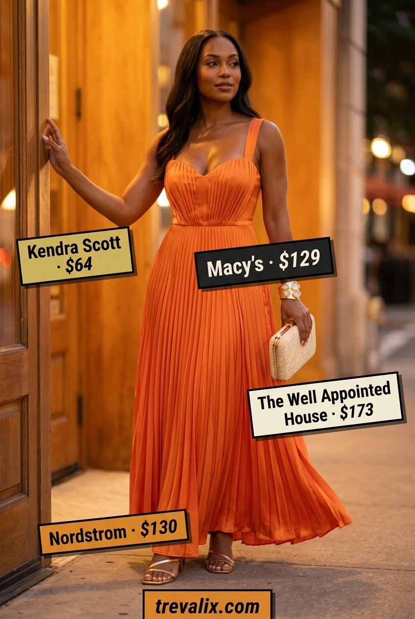Maxi dress outfit for hourglass shapes: sunset orange dress, gold sandals, straw clutch. Summer outfits for women with Hourglass Shape 2026.