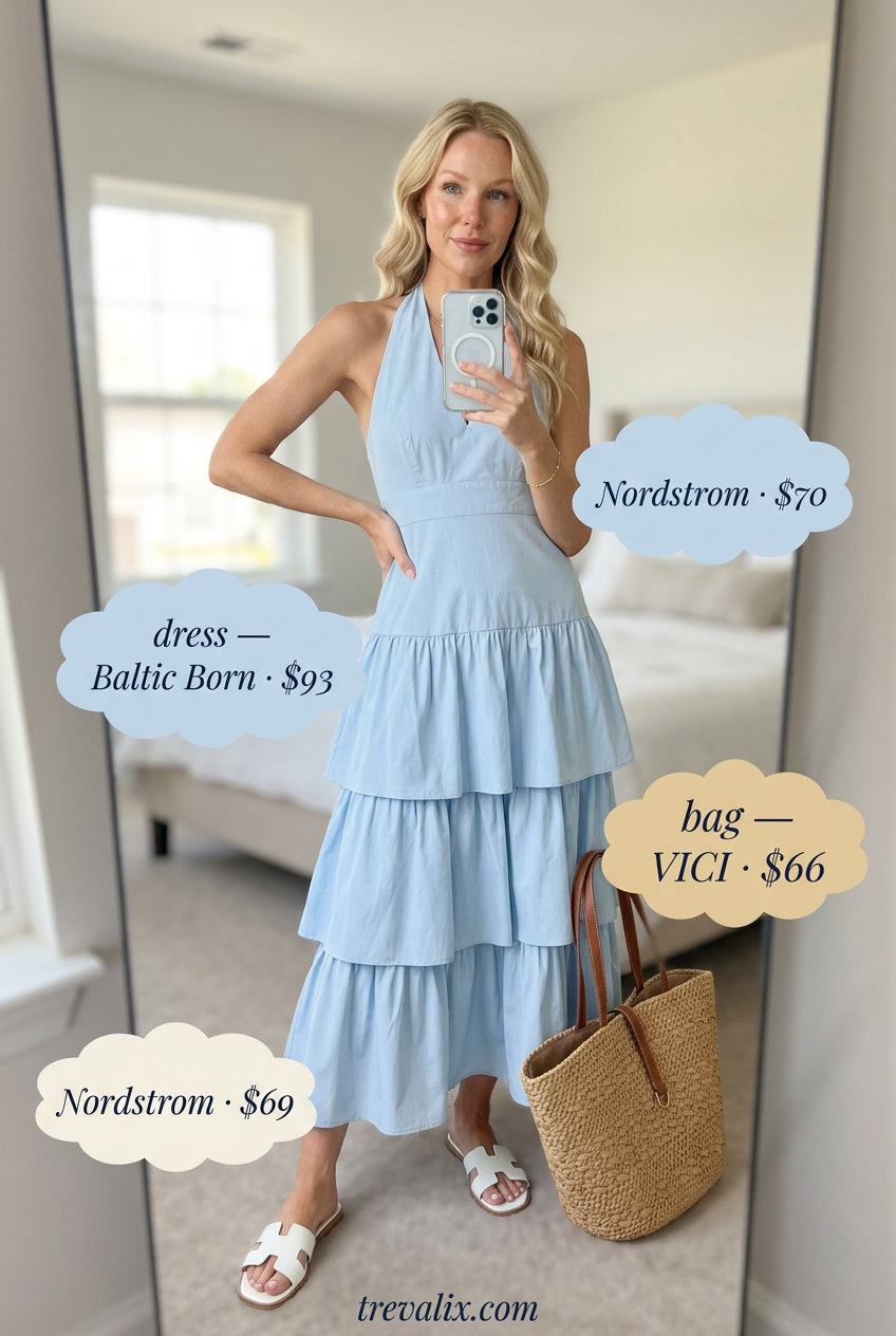 Summer outfits for women with Hourglass Shape 2026: Sky blue maxi dress for beach vacation.