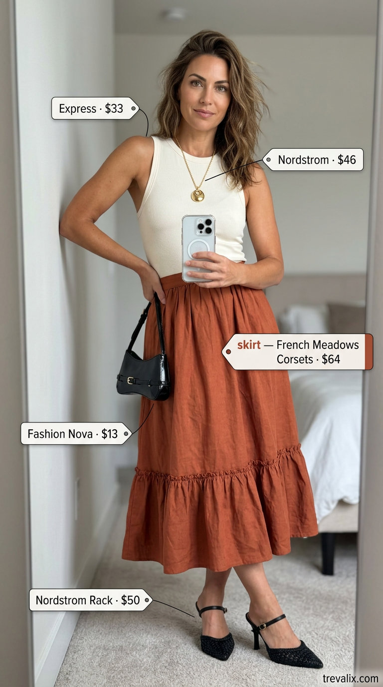 Midi skirt outfit for hourglass shapes: rust orange skirt, cream knit top, black heels. Summer outfits for women with Hourglass Shape 2026.