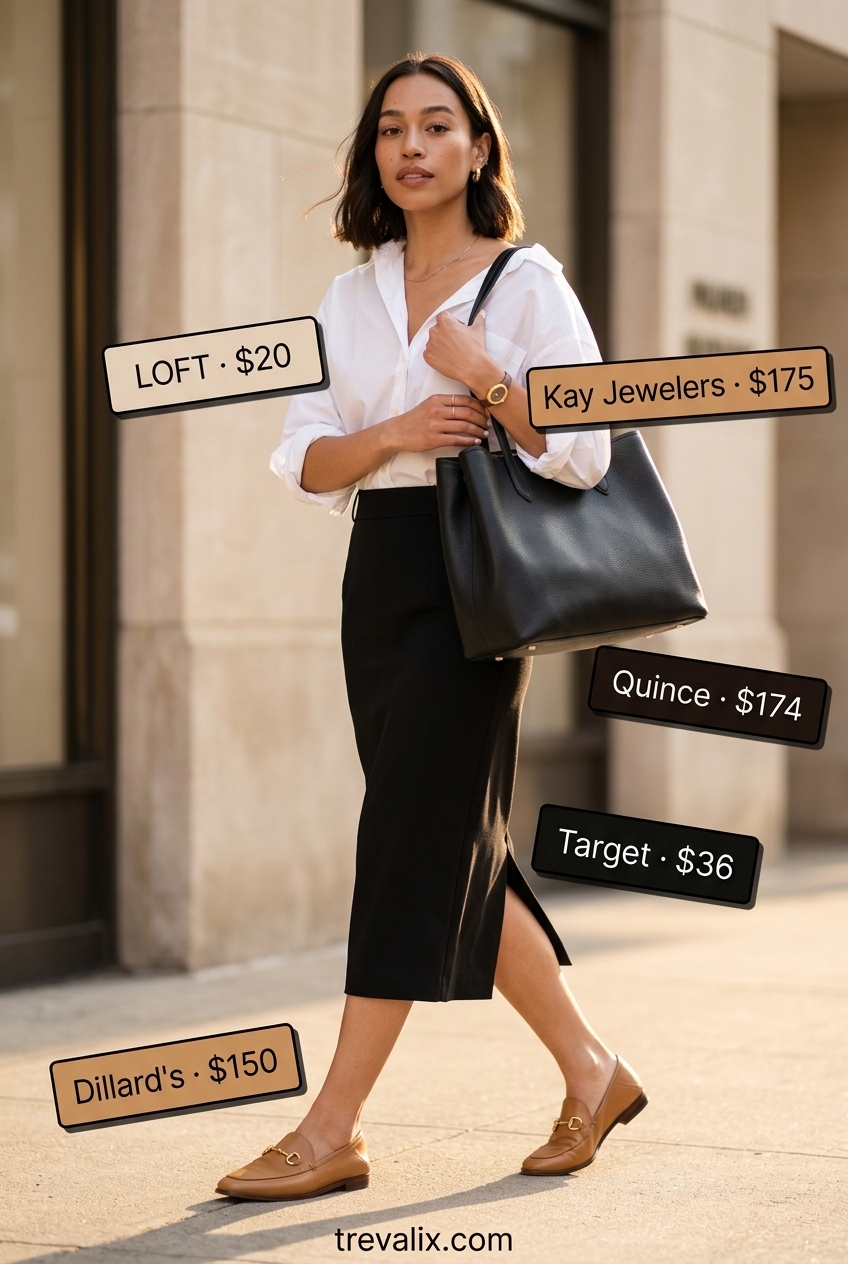 Summer outfits for women with Hourglass Shape 2026: Midi skirt, white oversized shirt, loafers for city exploration.