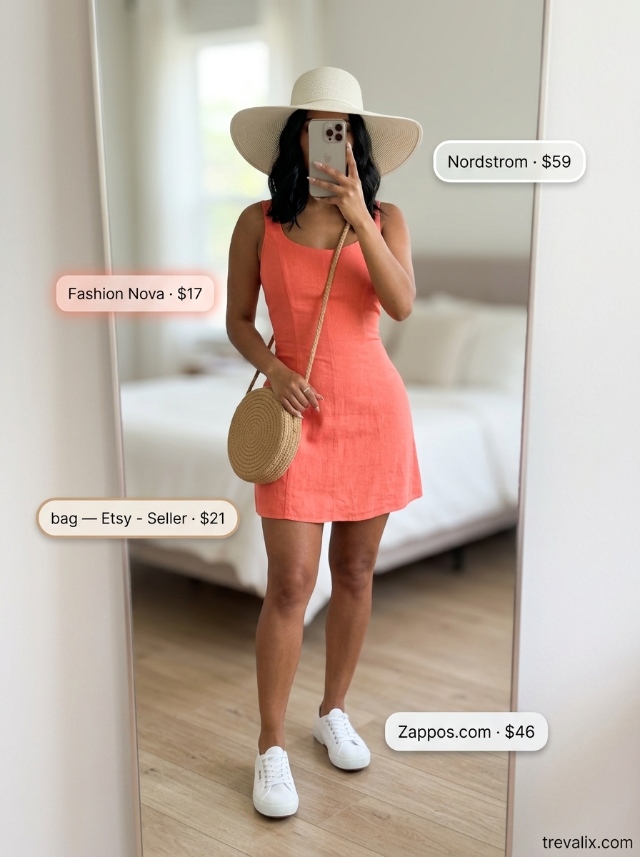Summer outfits for women with Hourglass Shape 2026: Coral mini sundress, straw hat for beach days.
