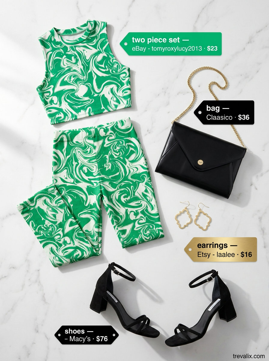 Print two-piece set for hourglass shapes: emerald green top & pants, block heels. Summer outfits for women with Hourglass Shape 2026.