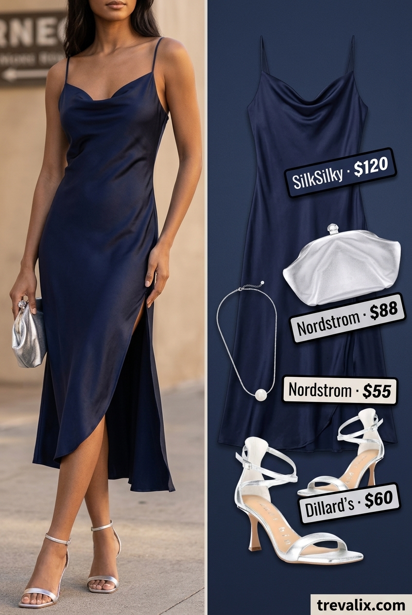 Navy slip dress outfit for hourglass shapes: silk midi dress, silver heels, pearl necklace. Summer outfits for women with Hourglass Shape 2026.