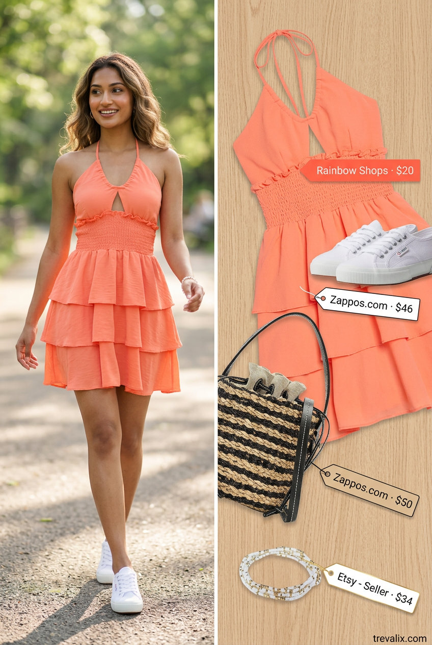 Summer outfits for women with Hourglass Shape 2026: Coral sundress, white sneakers, straw crossbody, beaded bracelets.