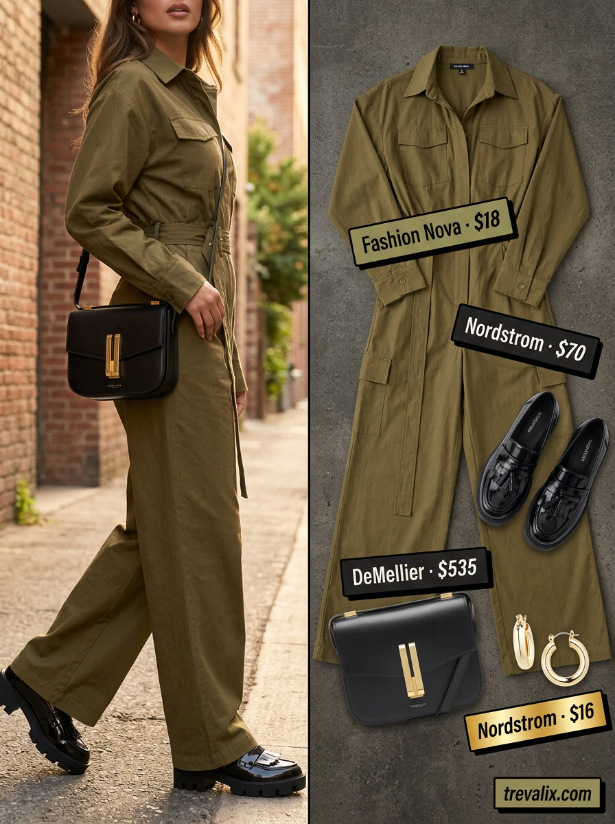 Summer outfits for women with Hourglass Shape 2026: Olive green utility jumpsuit, black loafers, gold hoops, and crossbody bag.