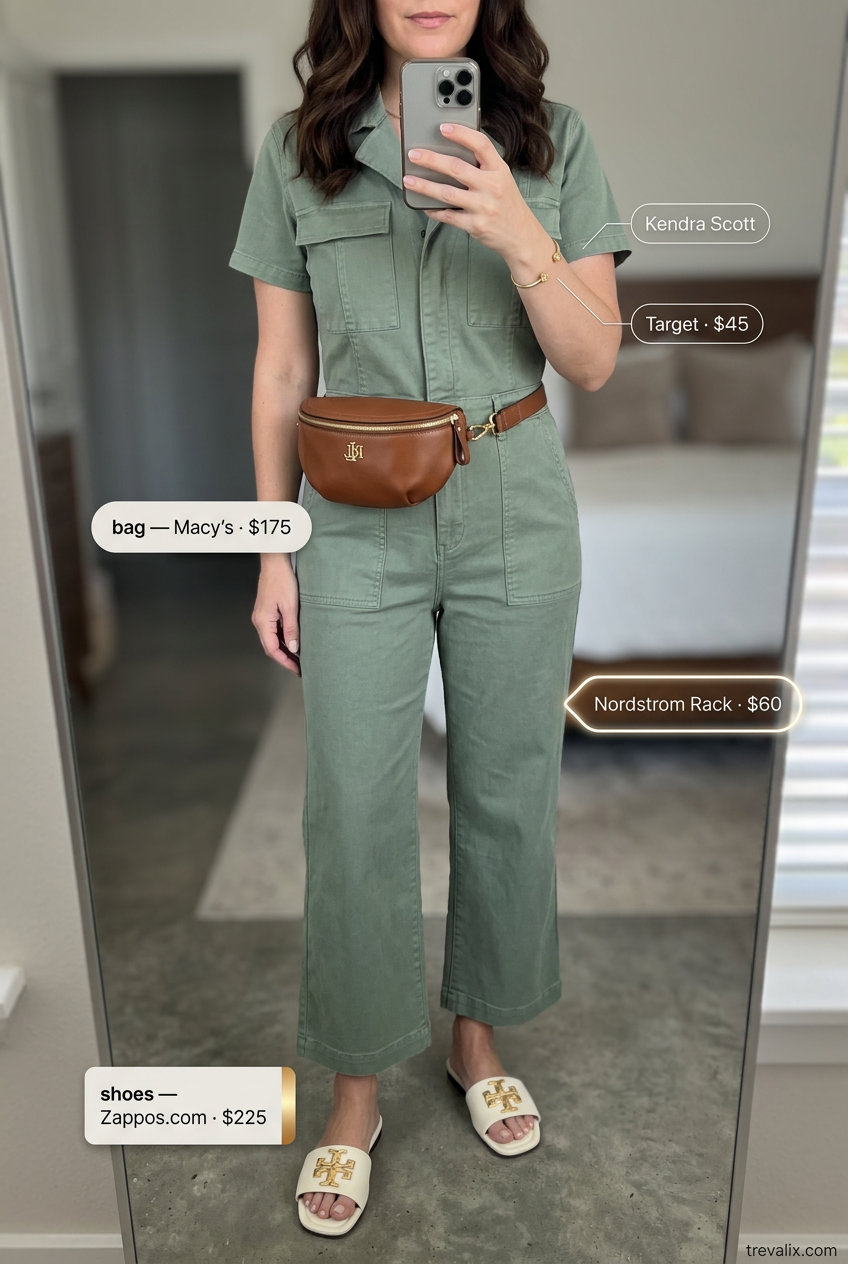 Summer outfits for women with Hourglass Shape 2026: Olive green utility jumpsuit, cream leather slides, tan belt bag, gold bracelet.