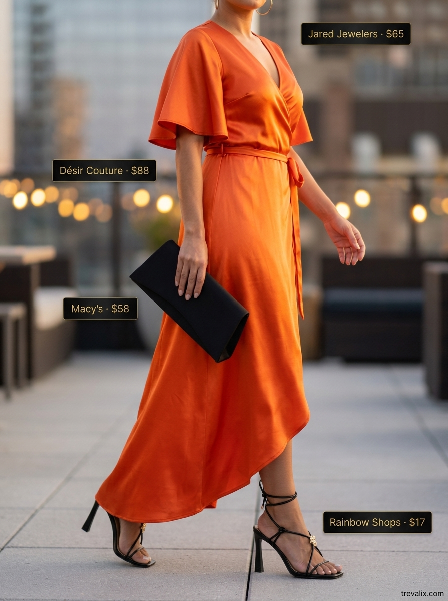 Summer outfits for women with Hourglass Shape 2026: Mango orange wrap dress for rooftop dinner.