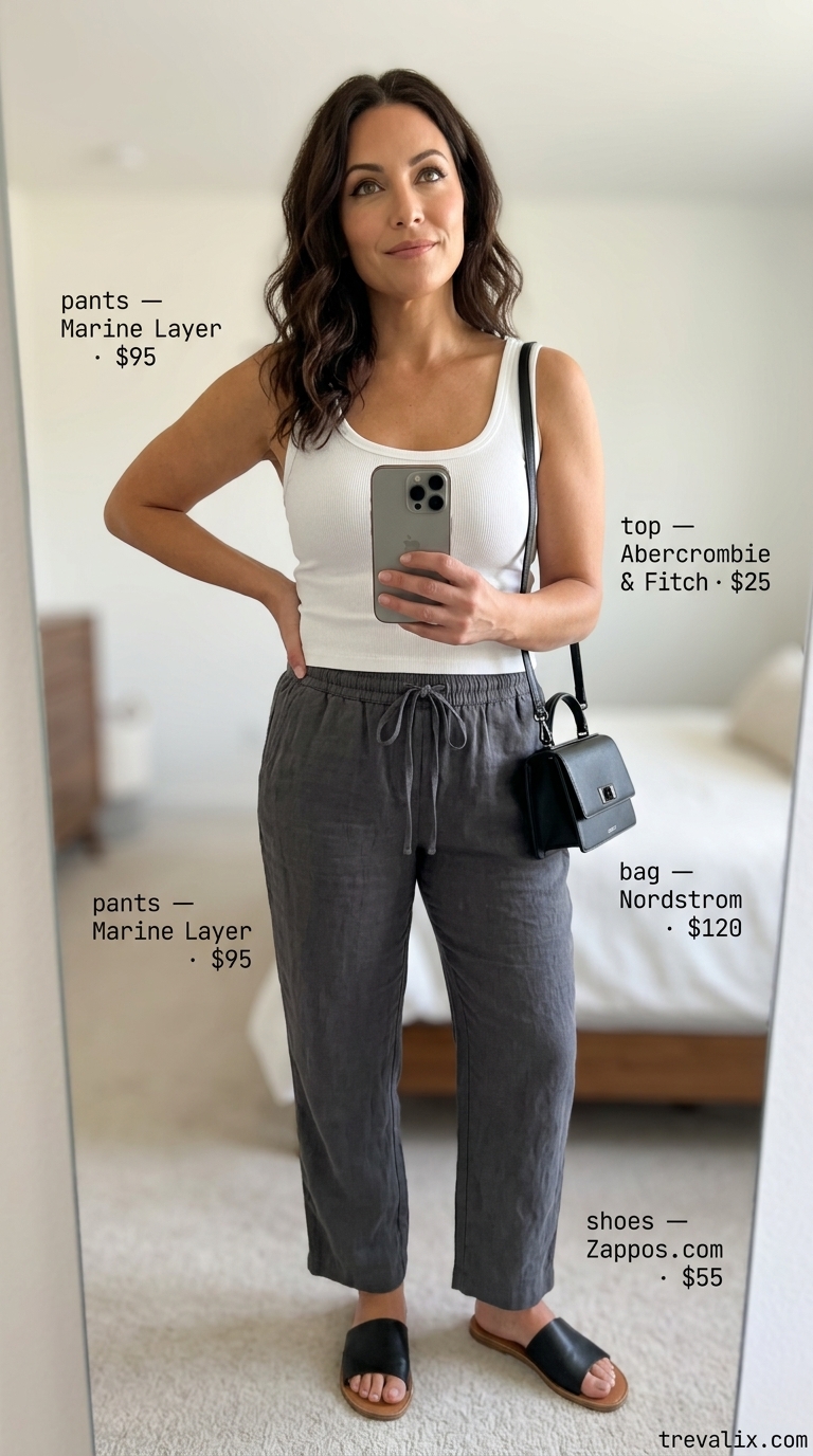 Charcoal urban escape summer outfit for women over 40 - 2026: Charcoal linen pants, white tank, black sandals, crossbody bag.