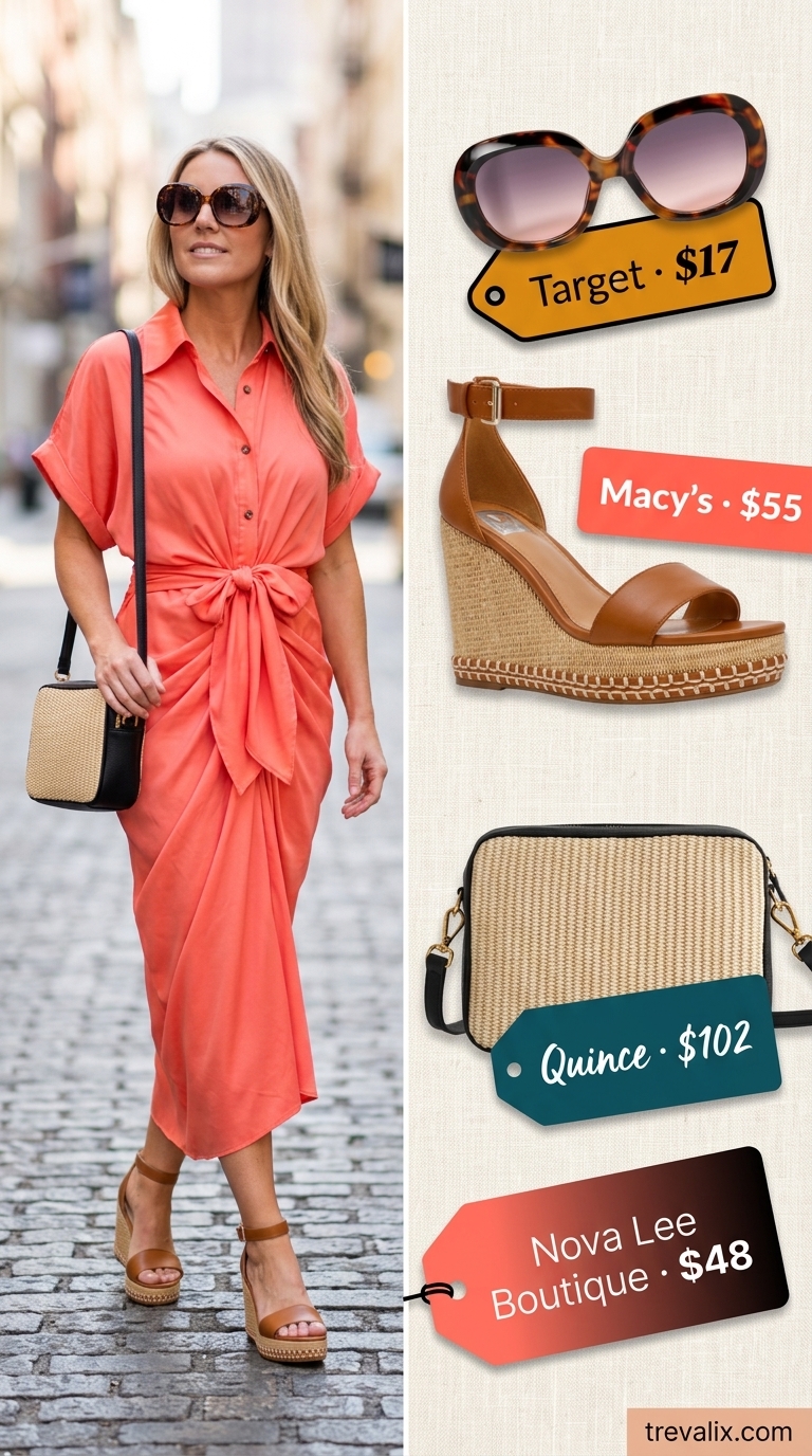 Bright coral shirt dress for women over 40, a vibrant city explorer outfit for summer 2026.