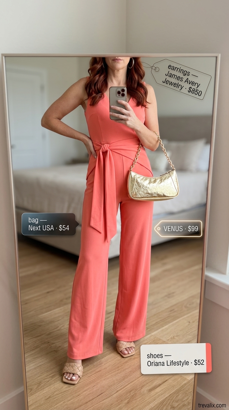 Coral Sunset Jumpsuit summer outfit for women over 40 - 2026: Coral wide-leg jumpsuit, nude heeled mules, gold shoulder bag.