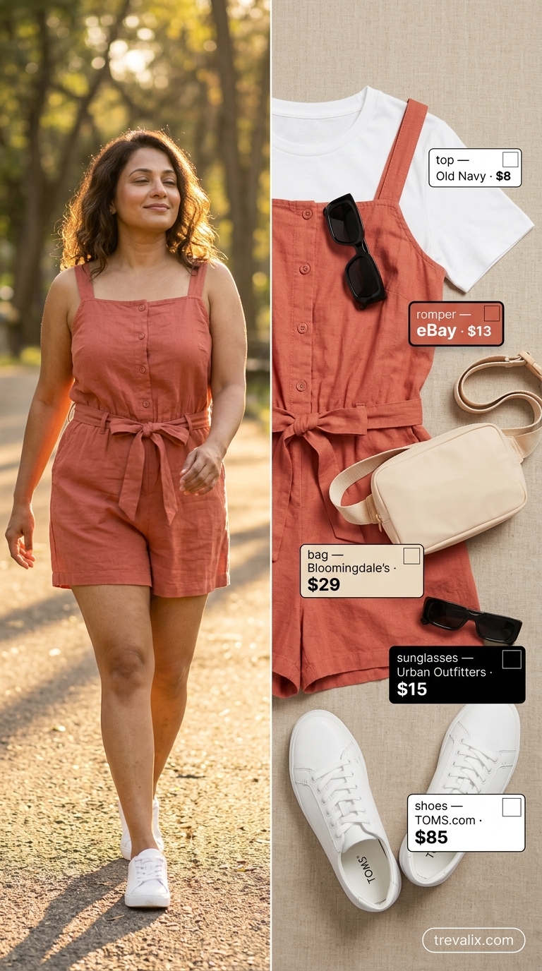 Coral linen romper outfit for women over 40, a fun summer look for 2026. Youthful and preppy.
