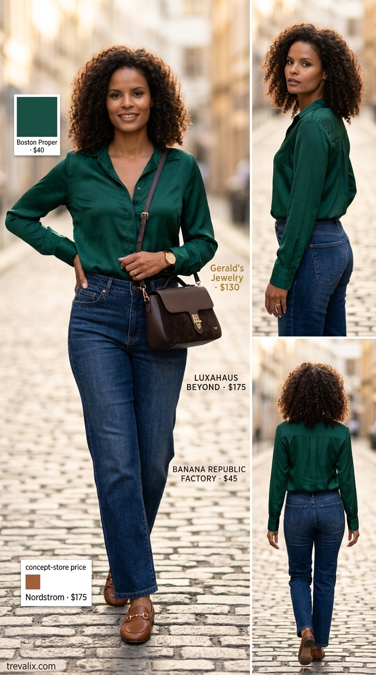 Emerald green silk blouse and dark wash jeans for women over 40, a timeless summer outfit in 2026.