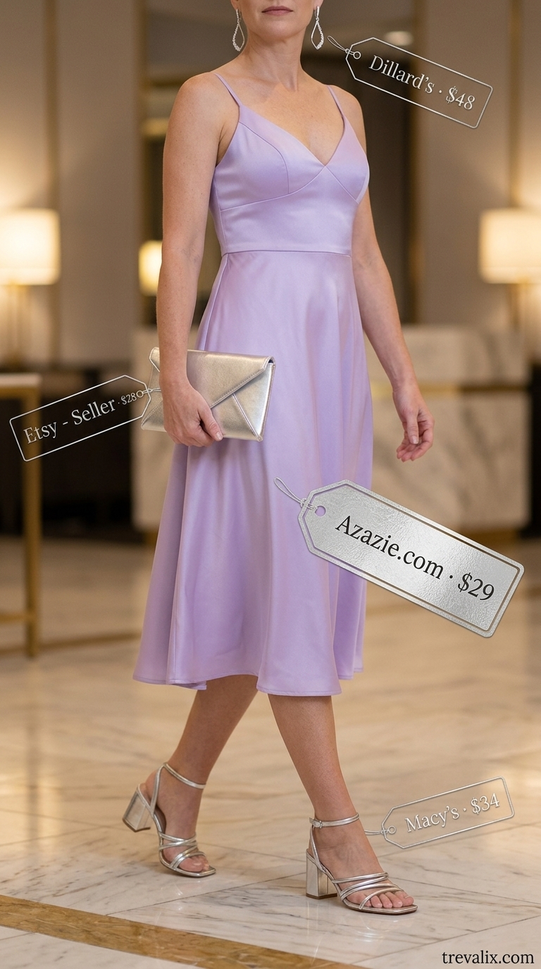 Lavender haze evening summer outfit for women over 40 - 2026: Lavender satin slip dress, silver sandals, silver clutch, dangle earrings.