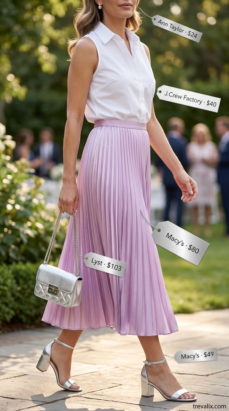 Lavender satin midi skirt outfit for women over 40, perfect for summer events in 2026. Fresh and feminine.