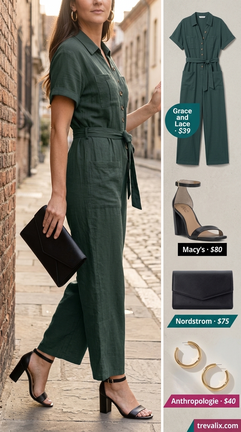 Olive green utility jumpsuit for women over 40, a chic summer outfit for 2026. Modern and confident.