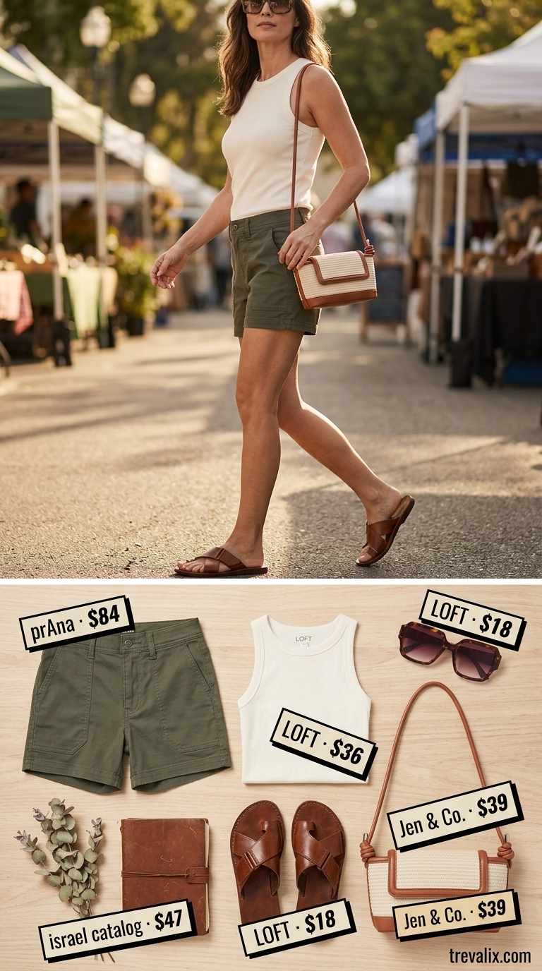 Safari Chic summer outfit for women over 40 - 2026: Olive cargo shorts, cream tank, brown sandals, tortoiseshell sunglasses.