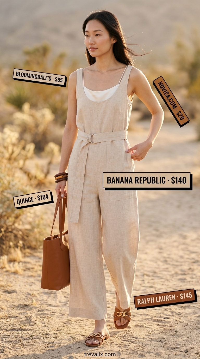 Sand linen jumpsuit for women over 40, effortless resort wear for summer 2026.