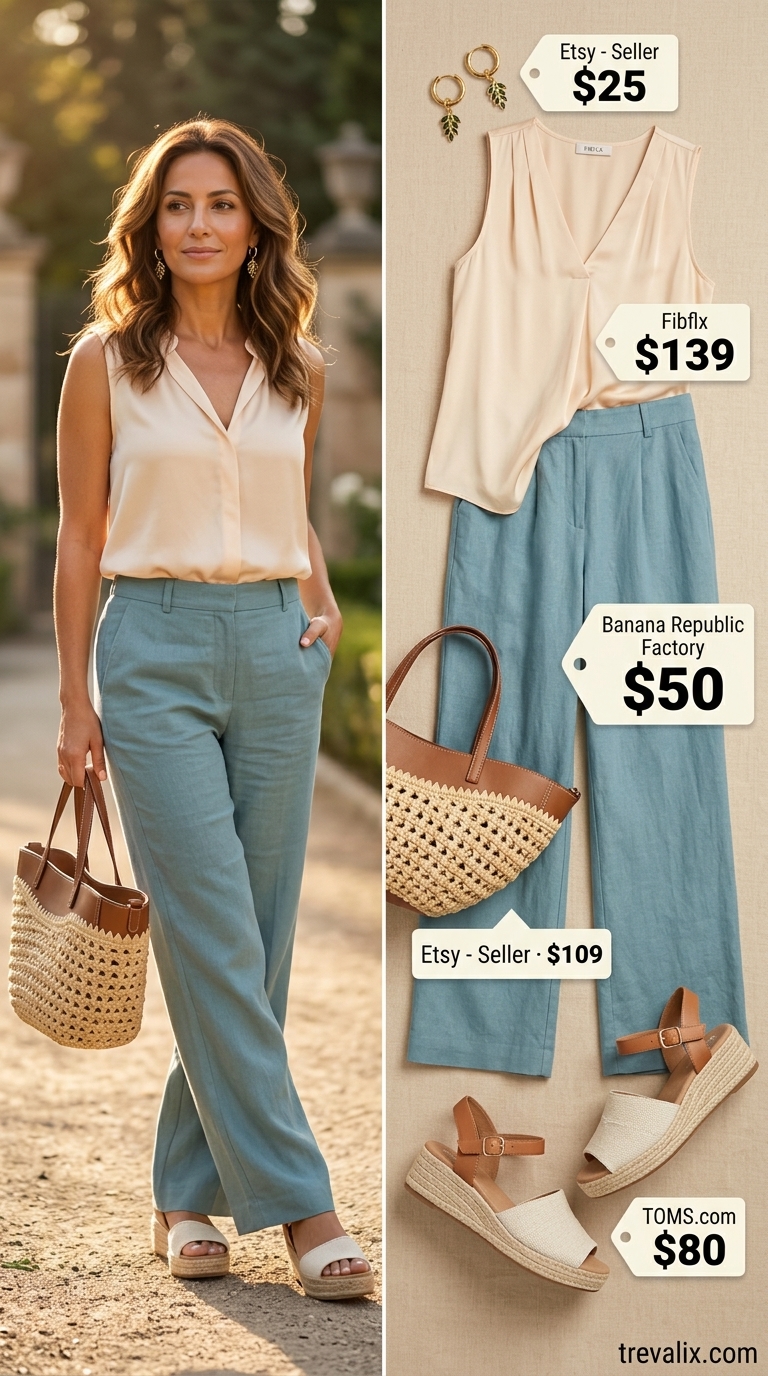 Sky blue linen pants outfit for women over 40, a relaxed summer look for 2026.