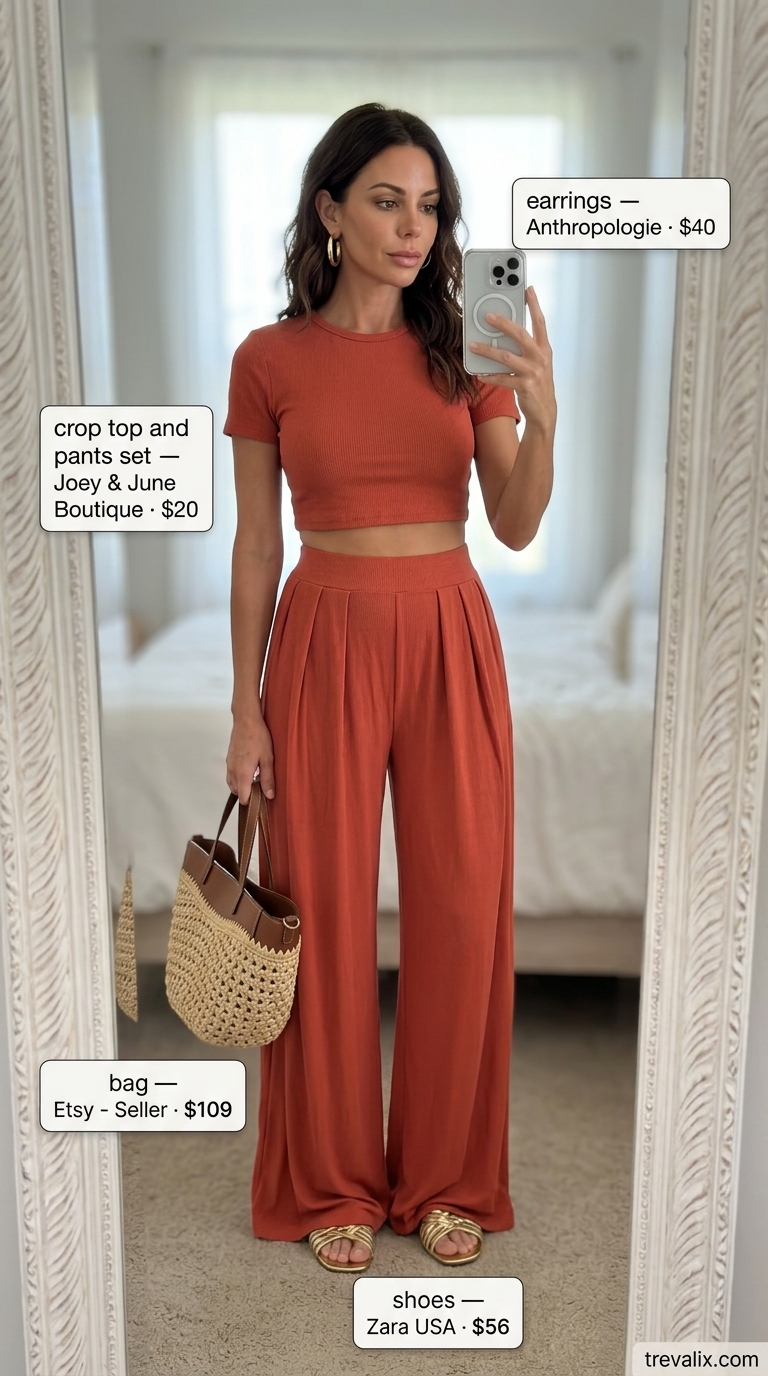 Terracotta resort glam summer outfit for women over 40 - 2026: Terracotta matching set, gold sandals, straw tote, gold hoops.