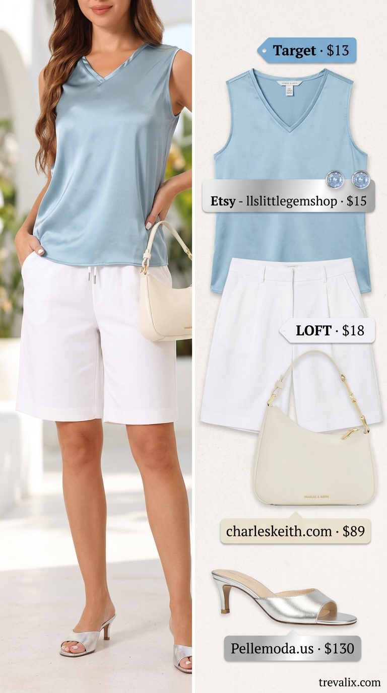 White Bermuda shorts and sky blue blouse for women over 40, elegant resort wear for summer 2026.
