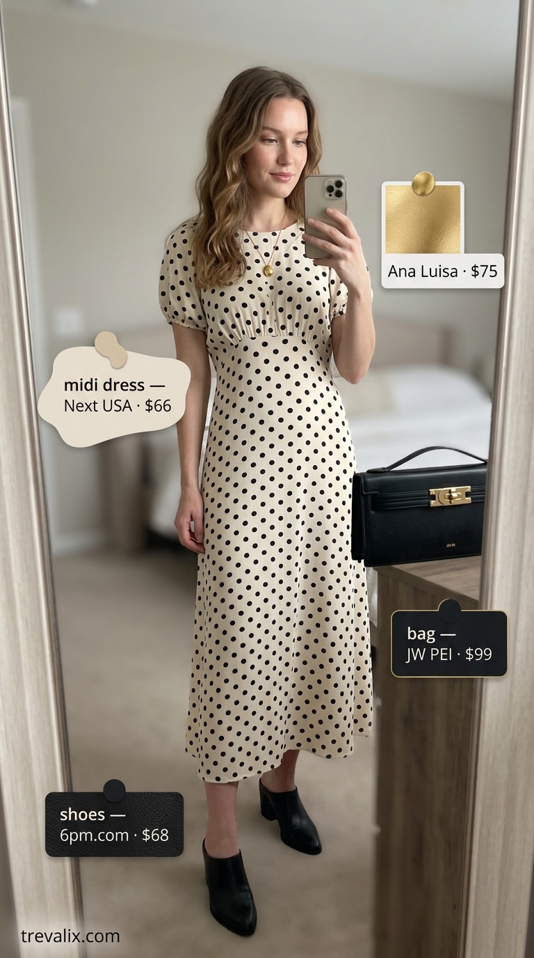 Elegant Polka Dot Midi Dress 2026 | Business Casual Lunch Elegant beige polka dot midi dress for women 2026, paired with black mules and gold jewelry for a business casual lunch.