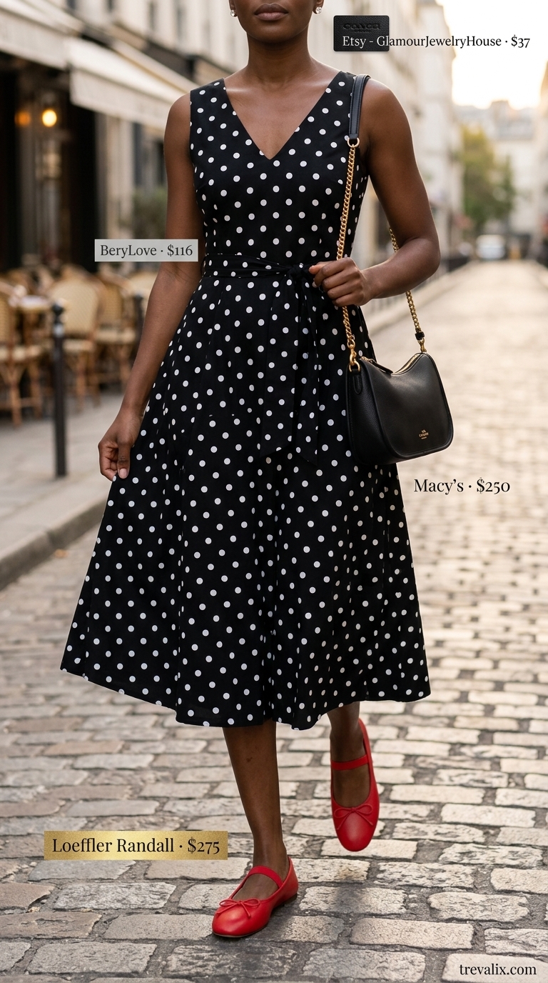 Black polka dot midi dress, red flats, shoulder bag for Parisian chic brunch outfits 2026.