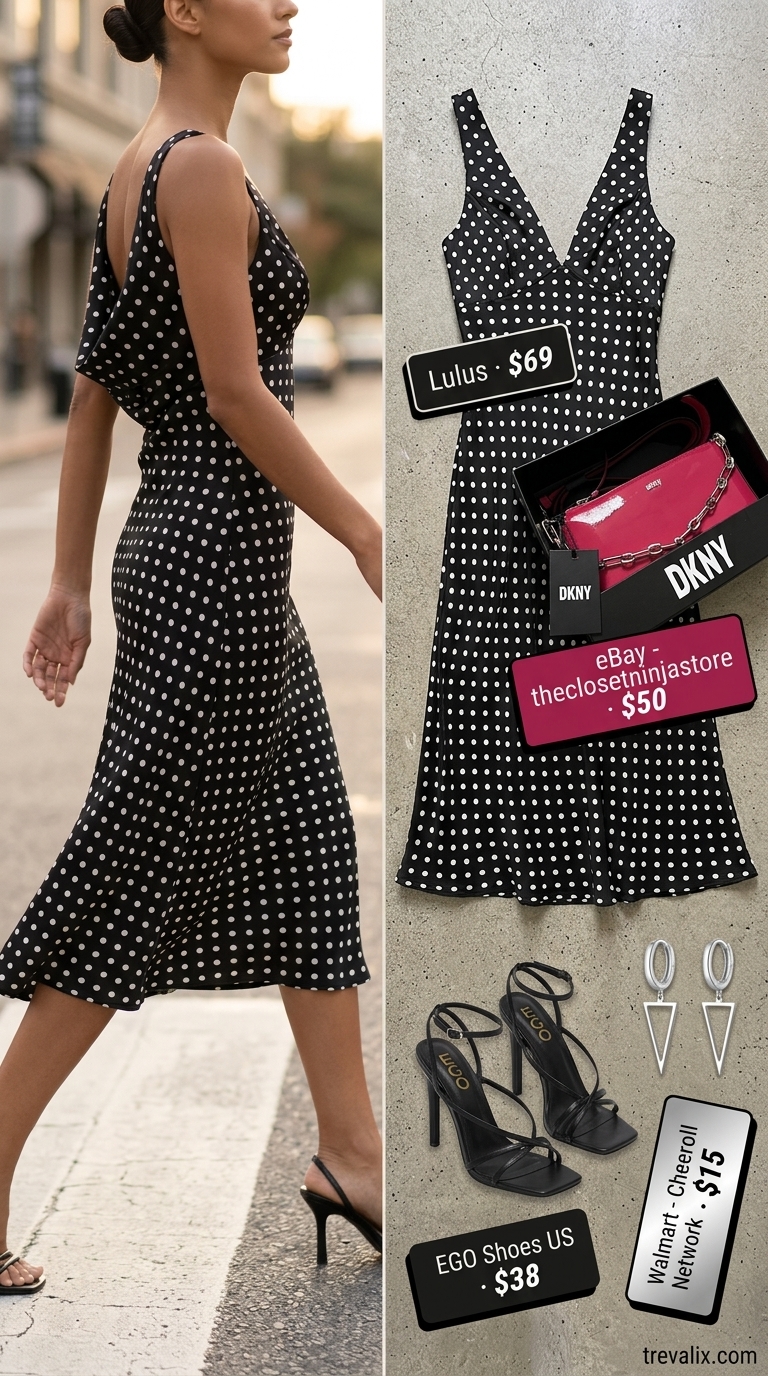 Urban Edge: Summer Polka Dots Midi Outfits 2026 Black polka dot midi dress, silver earrings, fuchsia bag for urban gallery hop outfits 2026.