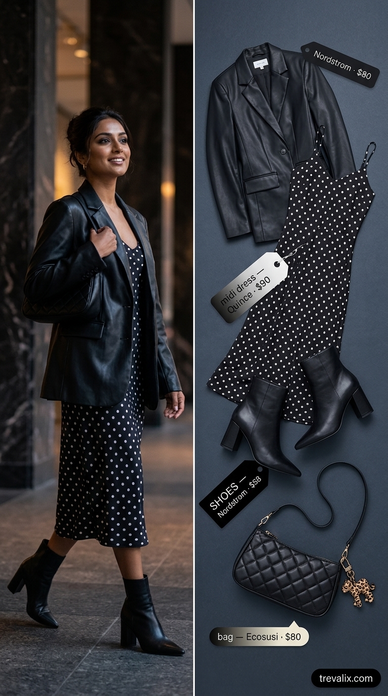 Urban Edge: Polka Dot Midi Outfits 2026 Black micro polka dot satin midi dress with faux leather blazer for evening out outfits 2026.