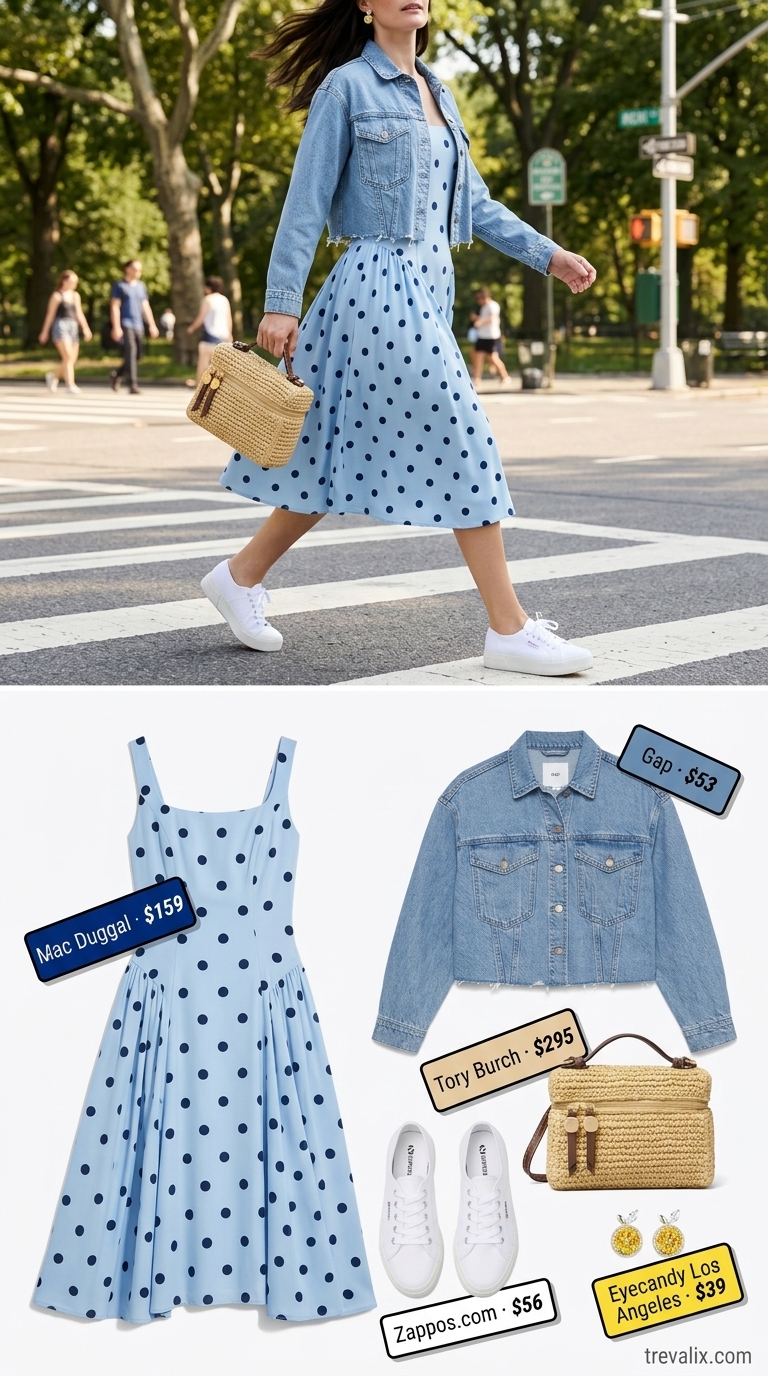 Lemonade Stand Chic: Summer Polka Dots Midi Outfits 2026 Sky blue polka dot midi dress, denim jacket, sneakers for cheerful summer picnic outfits 2026.