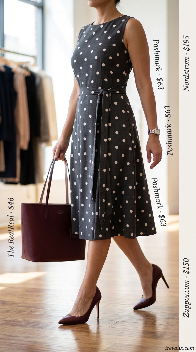 Sophisticated Office: Summer Polka Dots Midi Outfits 2026 Charcoal polka dot midi dress, burgundy pumps, tote for sophisticated summer office outfits 2026.