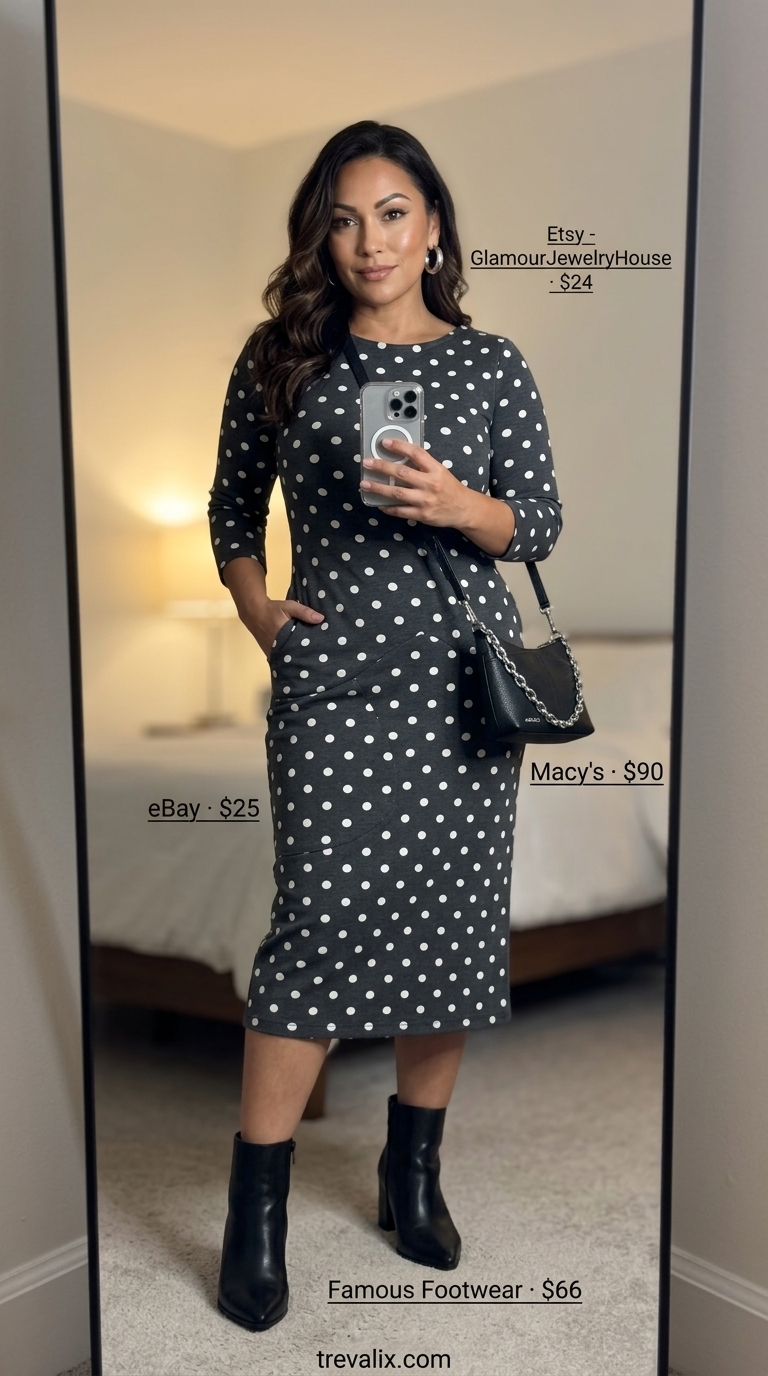 Edgy Polka Dot Midi Dress 2026 | Gallery Night Edgy charcoal grey polka dot midi dress for women 2026, ideal for gallery nights, styled with black ankle boots and a mini shoulder bag.