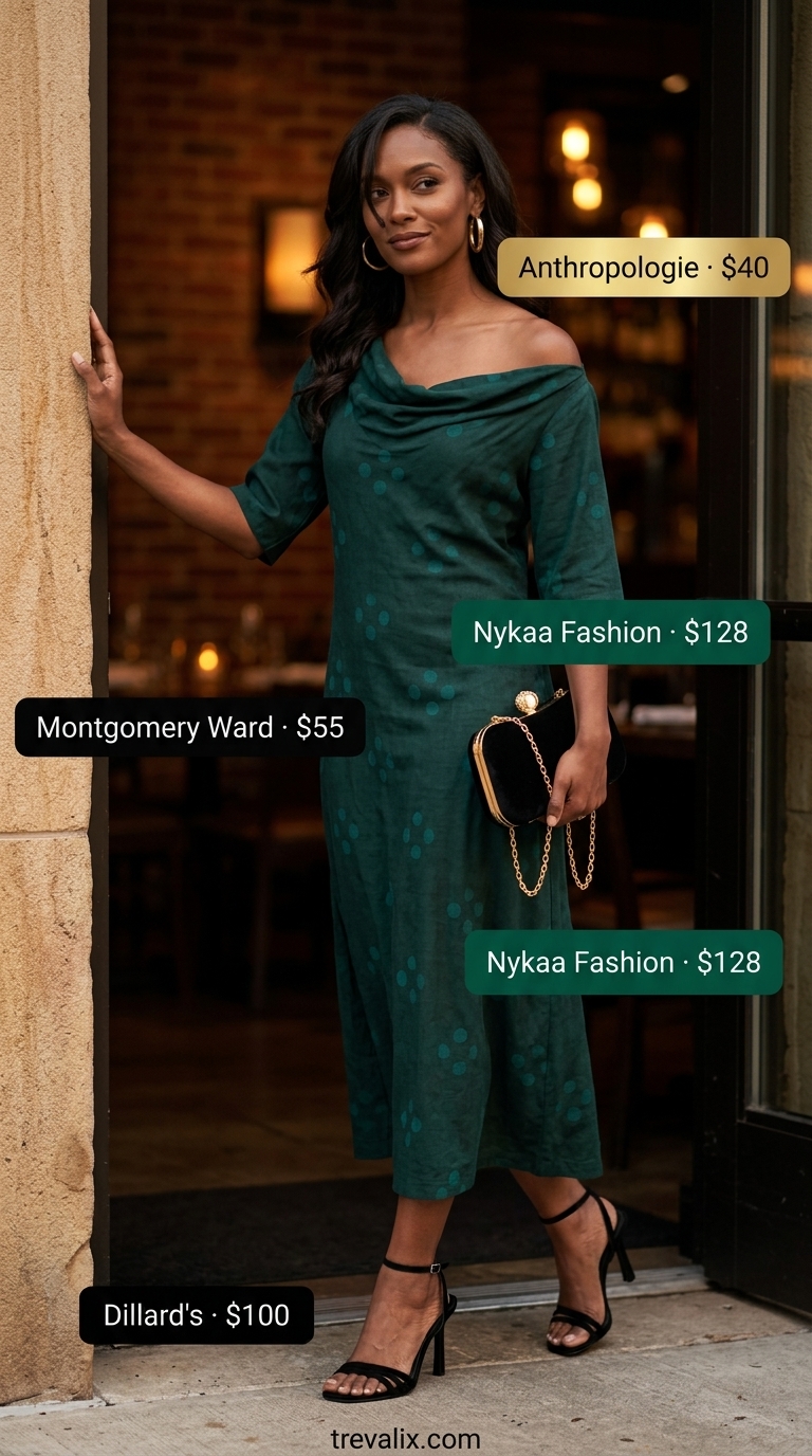 Emerald City Glamour: Summer Polka Dots Midi Outfits 2026 Emerald green polka dot midi dress, gold earrings, black heels for summer evening party outfits 2026.