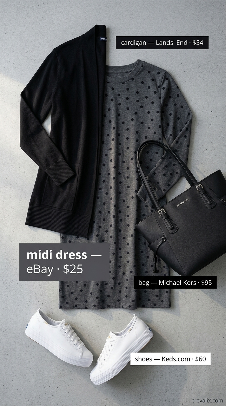 Effortless Travel Chic: Polka Dot Midi Outfits 2026 Grey polka dot jersey midi dress with sneakers and tote for travel outfits 2026.