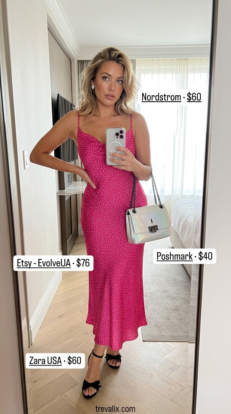 Glamorous Polka Dot Midi Dress 2026 | Resort Dinner Glamorous hot pink polka dot midi dress for women 2026, perfect for resort dinners, styled with black sandals and rhinestone earrings.