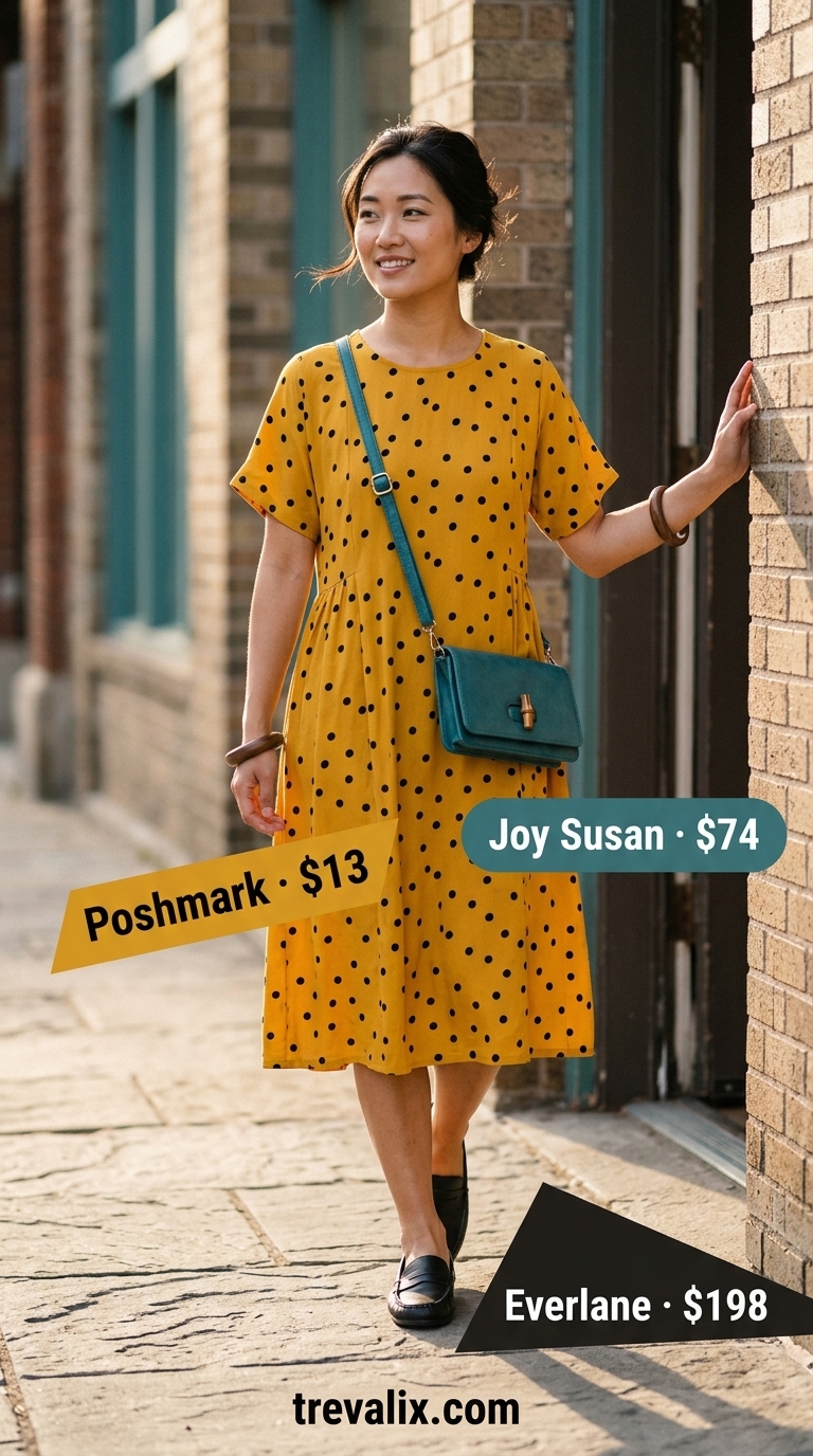 Unique Polka Dot Midi Dress 2026 | Studio Visit Unique mustard yellow polka dot midi dress for women 2026, perfect for creative studio visits, paired with black loafers and a wooden strap bag.