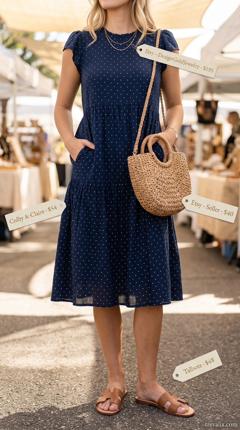 Bohemian Market Wanderer: Summer Polka Dots Midi Outfits 2026 Navy polka dot midi dress, straw bag, tan sandals for relaxed bohemian market outfits 2026.