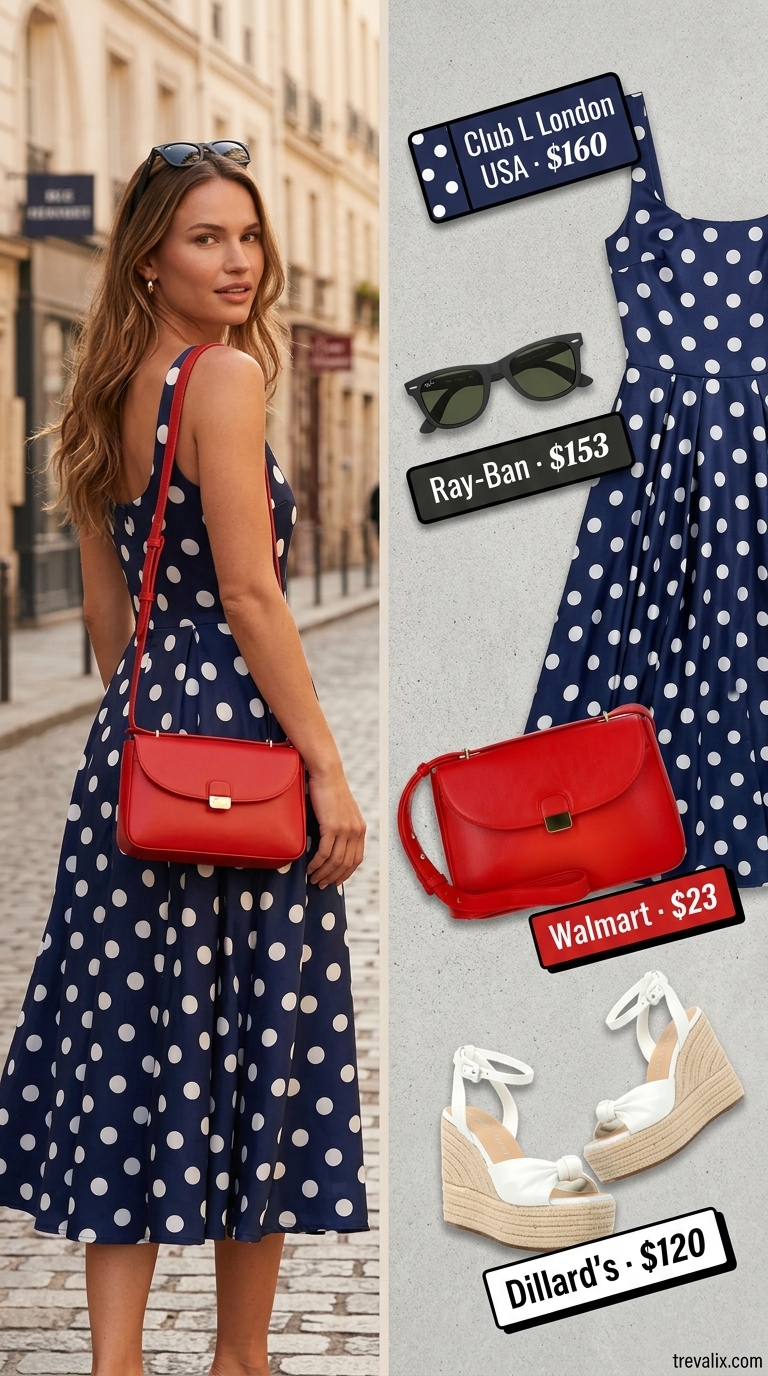 Riviera Chic: Summer Polka Dots Midi Outfits 2026 Navy polka dot midi dress, red bag, espadrilles for elegant summer sightseeing outfits 2026.