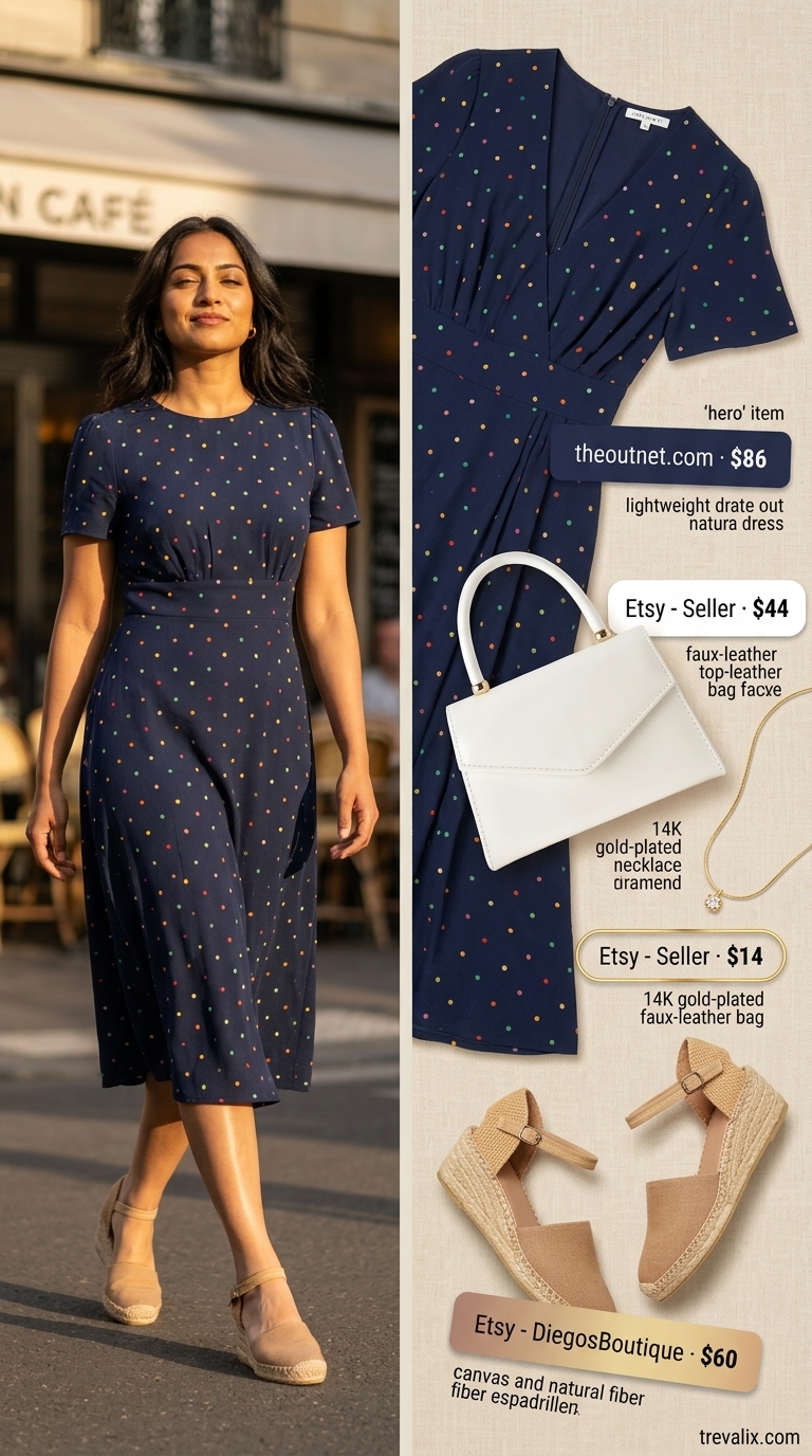 Midday Parisian Chic: Polka Dot Midi Outfits 2026 Navy polka dot midi dress with V-neck, espadrilles for Parisian brunch outfits 2026.