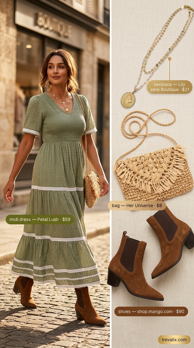 Bohemian Desert Dream: Polka Dot Midi Outfits 2026 Olive green polka dot midi dress with smocked bodice, straw bag for bohemian outfits 2026.