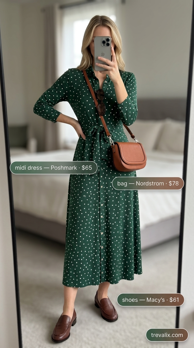 Earthy Polka Dot Midi Dress 2026 | Casual Workday Earthy olive green polka dot midi dress for women 2026, perfect for casual workdays, paired with brown loafers and a crossbody bag.