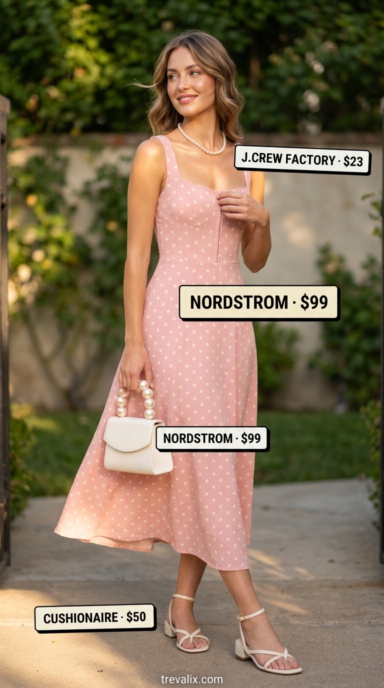 Vintage Rose Garden: Summer Polka Dots Midi Outfits 2026 Blush pink polka dot midi dress, pearl bag, block heels for romantic garden tea outfits 2026.