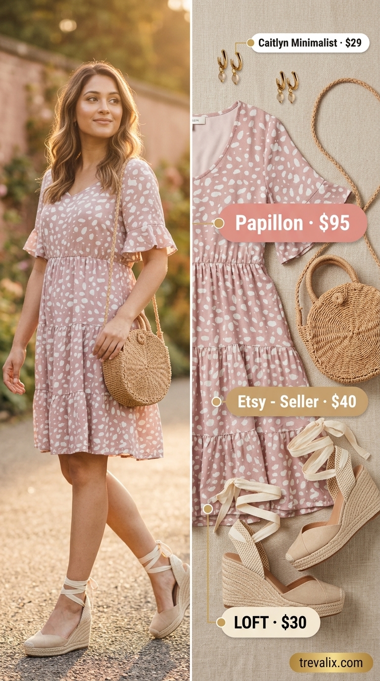 Garden Party Whimsy: Polka Dot Midi Outfits 2026 Blush pink polka dot midi dress with puff sleeves, espadrille wedges for garden party outfits 2026.