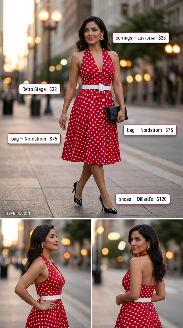Retro Hollywood Glam: Polka Dot Midi Outfits 2026 Red polka dot midi dress with full skirt, patent pumps for retro cocktail party outfits 2026.