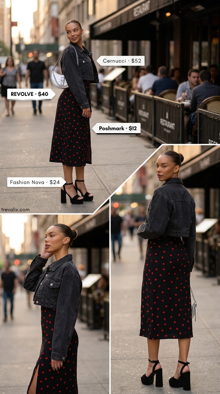 Bold City Statement: Polka Dot Midi Outfits 2026 Black midi dress with red polka dots, cropped denim jacket, and platform sandals for night out outfits 2026.