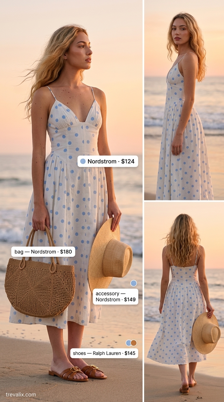Seaside Serenity: Polka Dot Midi Outfits 2026 Sky blue polka dot midi dress with straw tote and hat for beach vacation dinner outfits 2026.