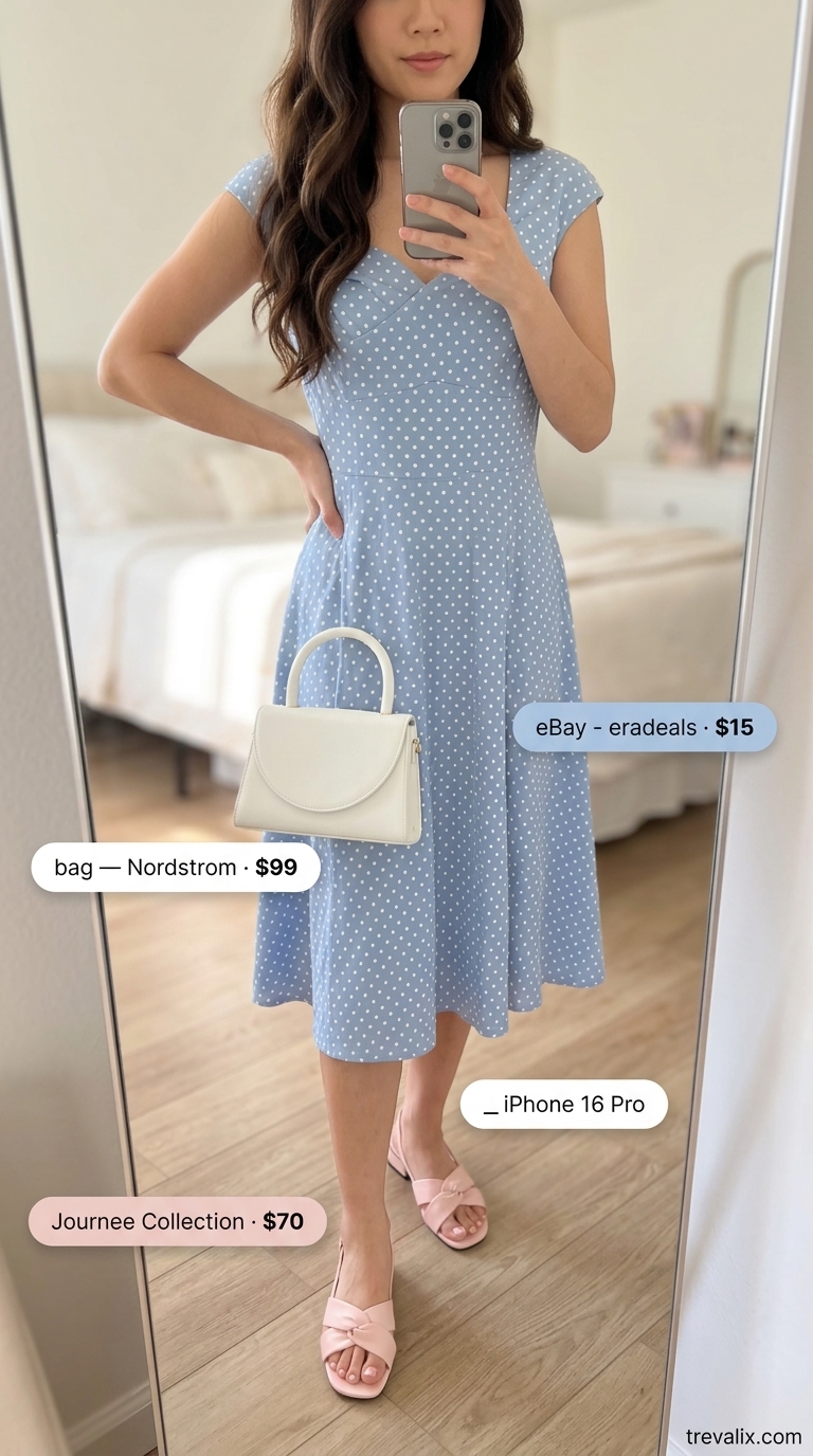 Sweet Polka Dot Midi Dress 2026 | Garden Party Sweet sky blue polka dot midi dress for women 2026, perfect for garden parties, paired with pastel pink sandals and pearl earrings.