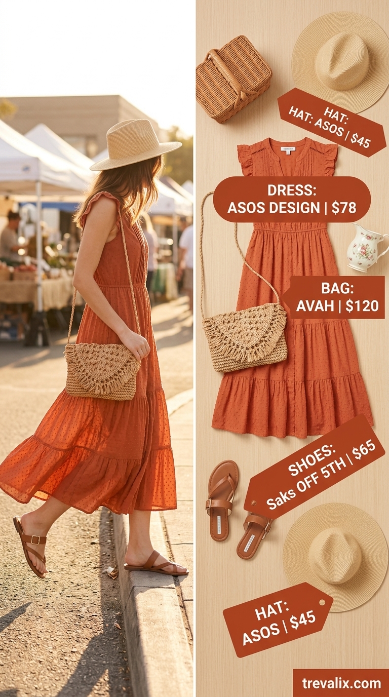 Bohemian Sunset: Summer Polka Dots Midi Outfits 2026 Terracotta polka dot midi dress, straw bag, fedora, and sandals for bohemian summer festival outfits 2026.