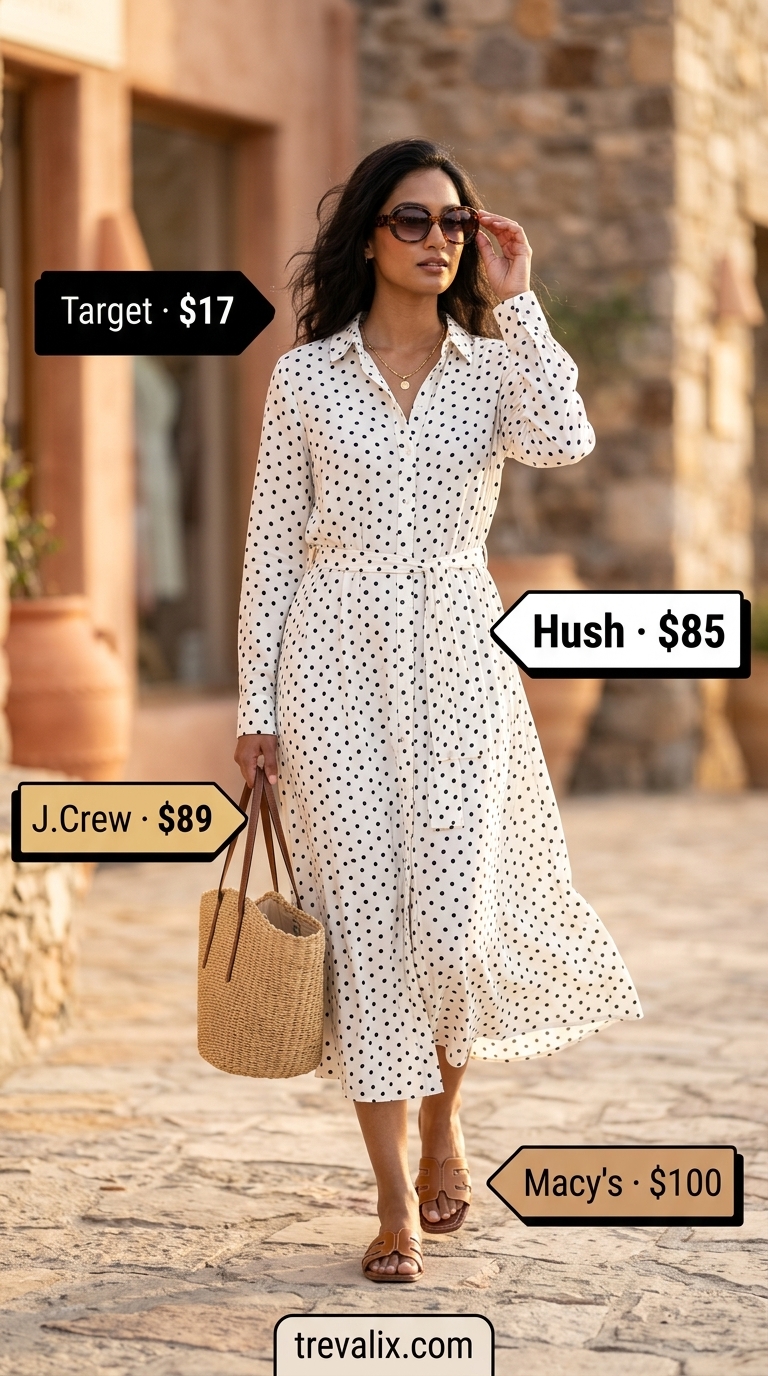 Relaxed Polka Dot Midi Dress 2026 | Beach Town Stroll Relaxed white polka dot midi dress for women 2026, perfect for beach towns, styled with tan slides and a straw tote bag.